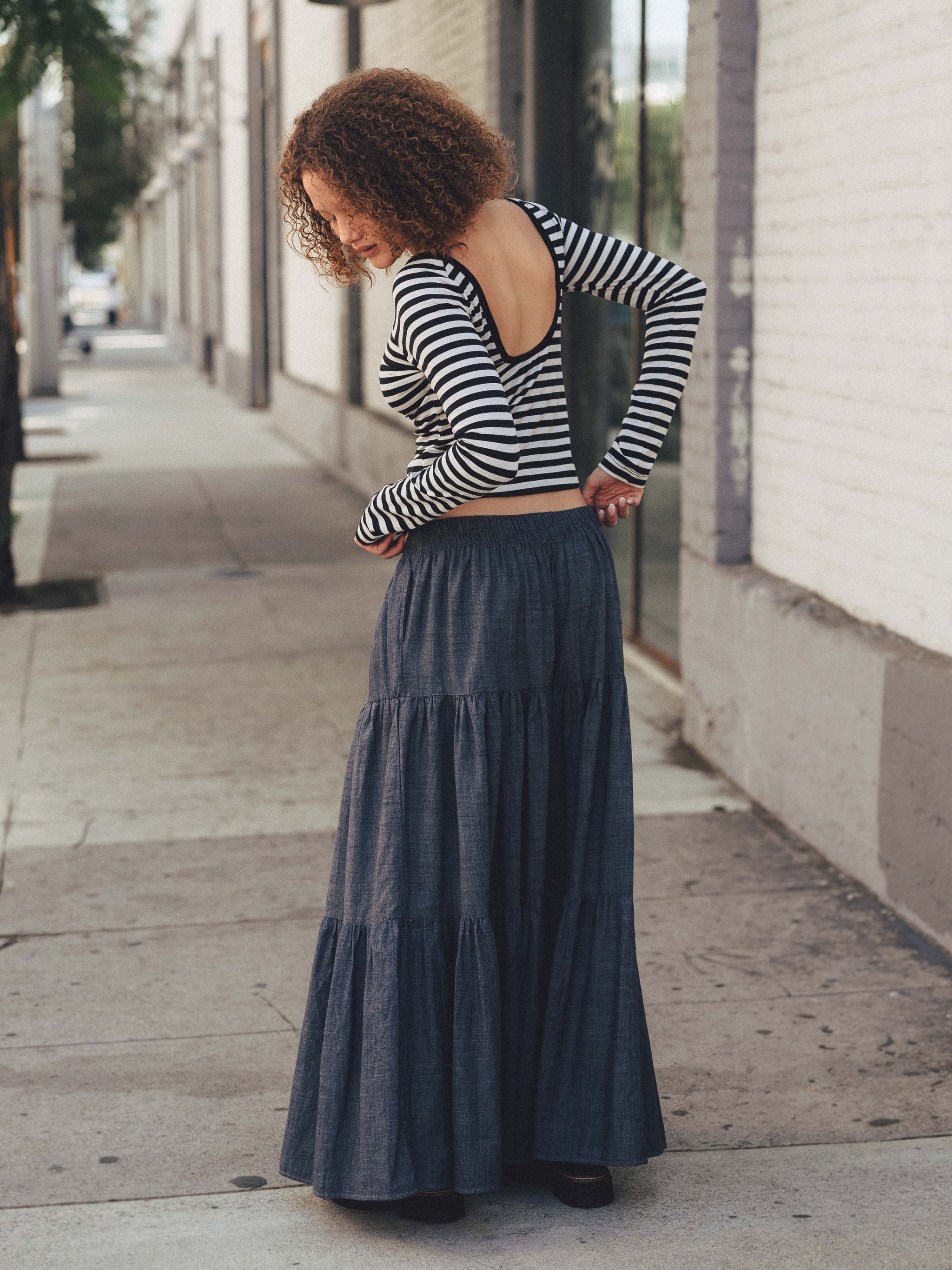 Frida Tiered Maxi Skirt in Dark Chambray – The House of Woo