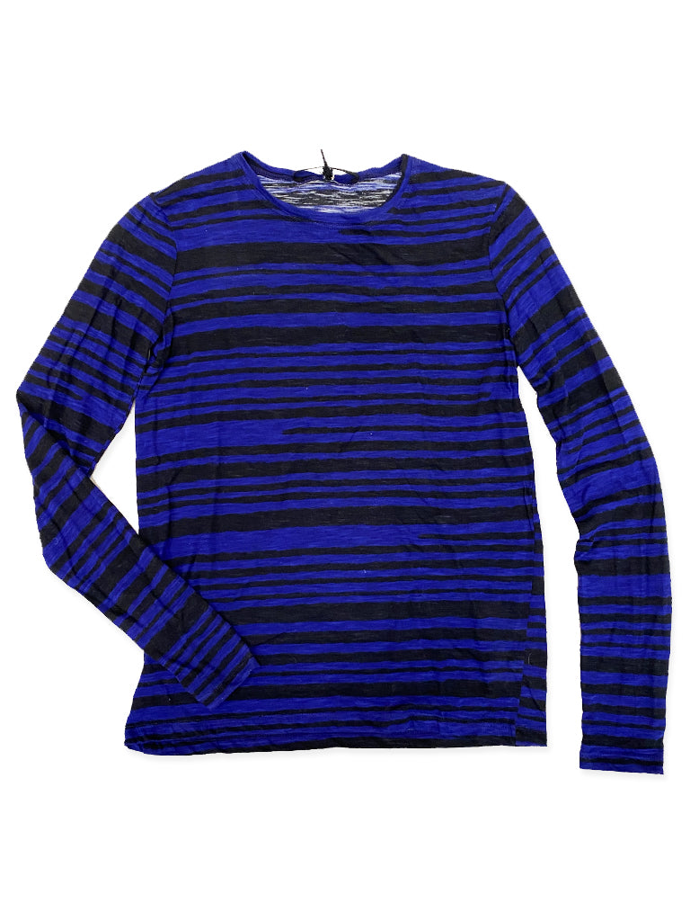White blank background with a cobalt blue and black striped long sleeve tee flat lay.